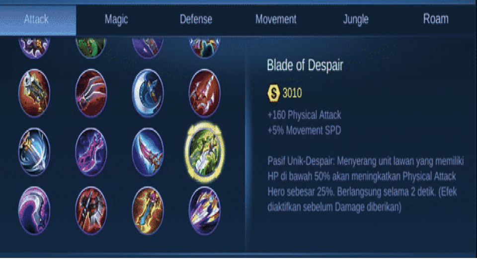 Cara memakai Blade of Despair pada game Mobile Legends